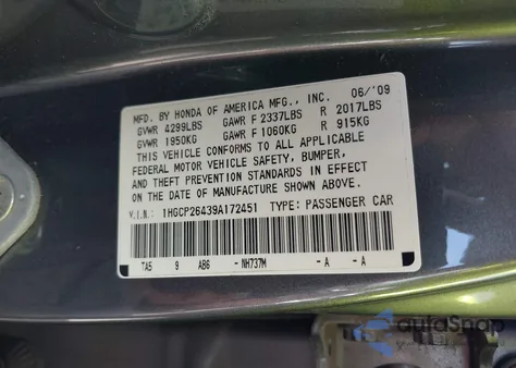 2009 Honda Accord 2.4 Lx-P z USA, uszkodzony, nr VIN 1HGCP26439A172451